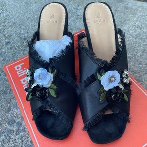 NIB BILL BLASS CAROL SATIN EMBELLISHED BLACK MULES HEELS SZ 8